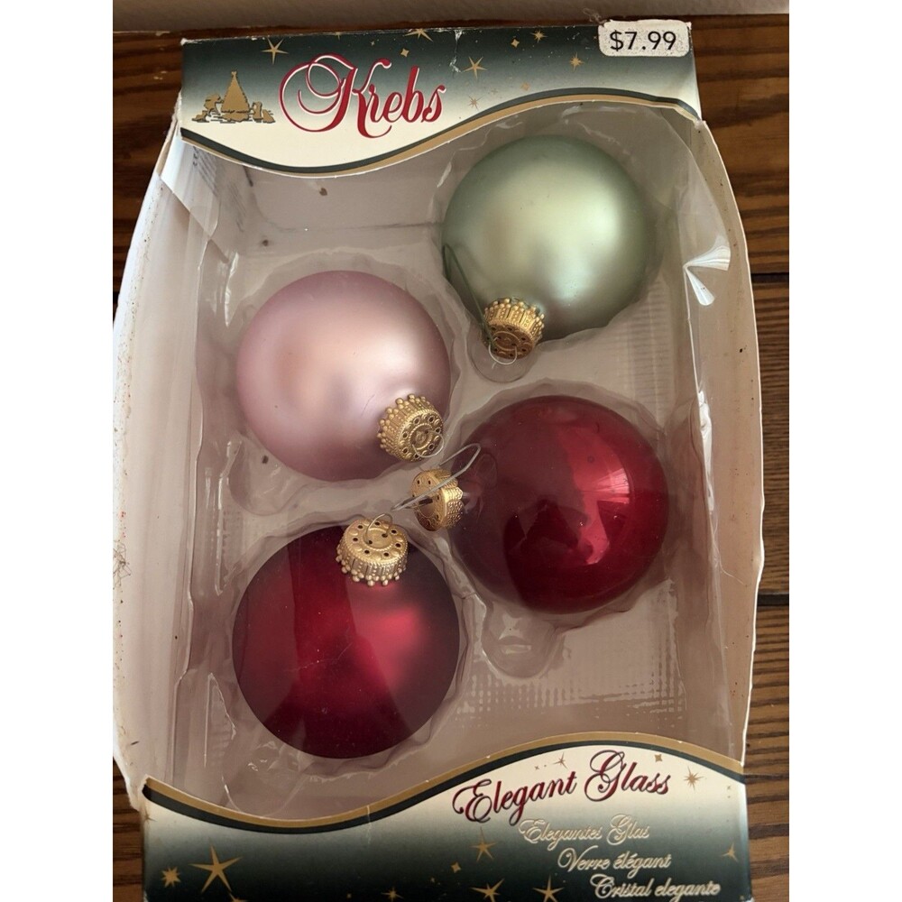 German Vintage Krebs Set 4 Glass Red Pink Green Christmas Ornaments Bulbs